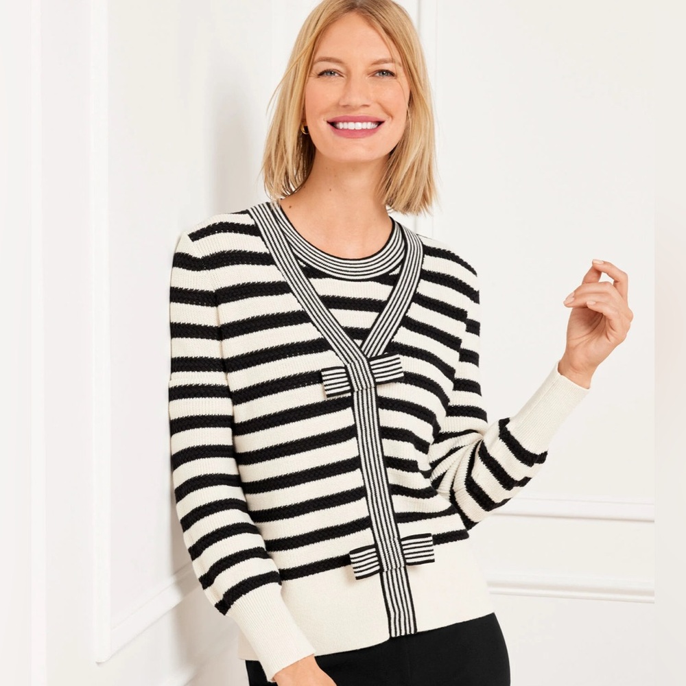 Talbots Bow Front Texture Stitch Cardigan French Stripe Size Large Brand New